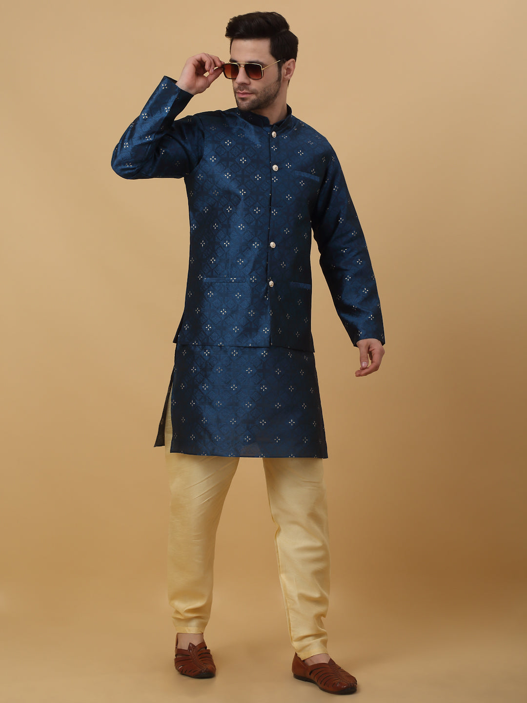 KRAFT INDIA Men's Silk Blend Jacquard Floral Sequenced Kurta and Beige Churidar with Silk Blend Jacquard Floral Nehru Jacket Set