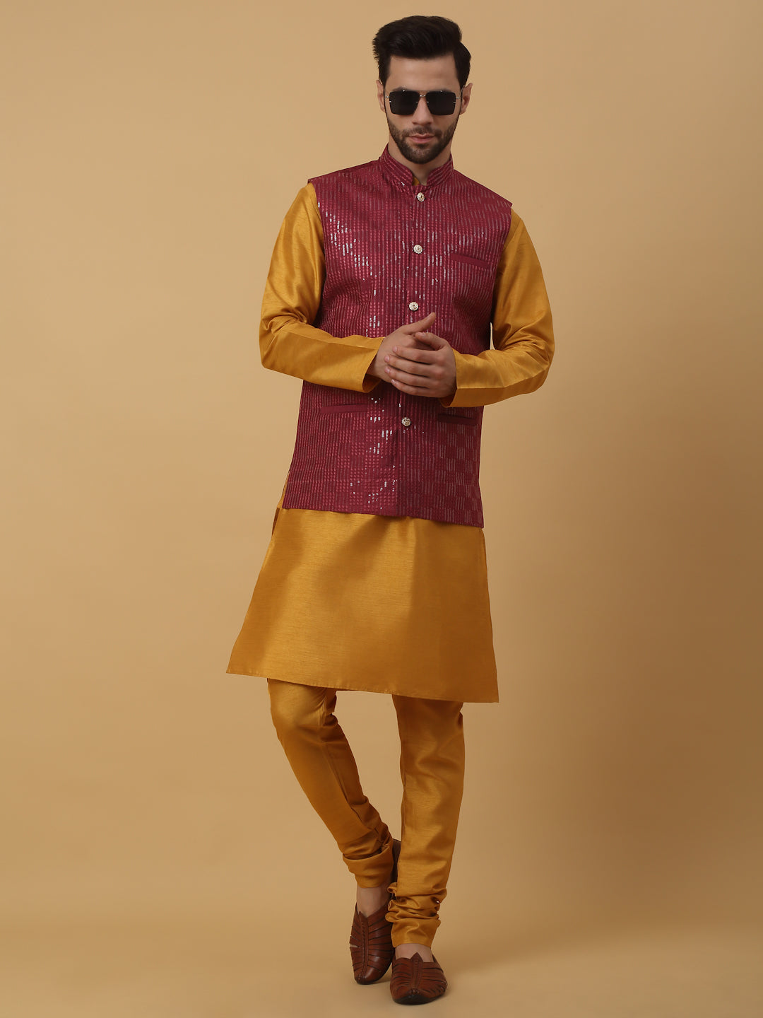 KRAFT INDIA Men's Silk Blend Mustard Kurta, Churidar with Cotton Silk Sequenced Embroided Nehru Jacket Set
