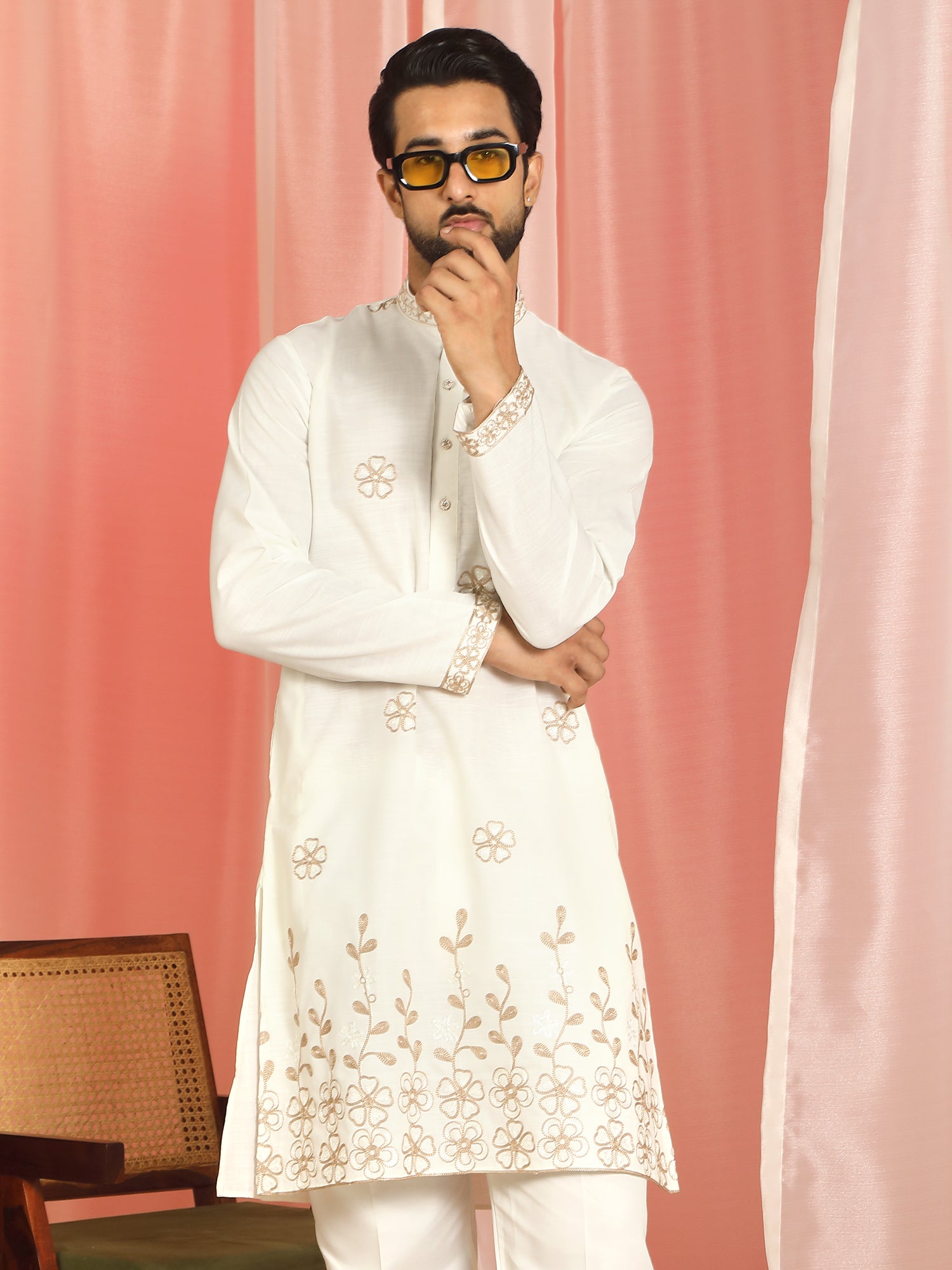 Men Cotton Floral Embroidered Festive Kurta