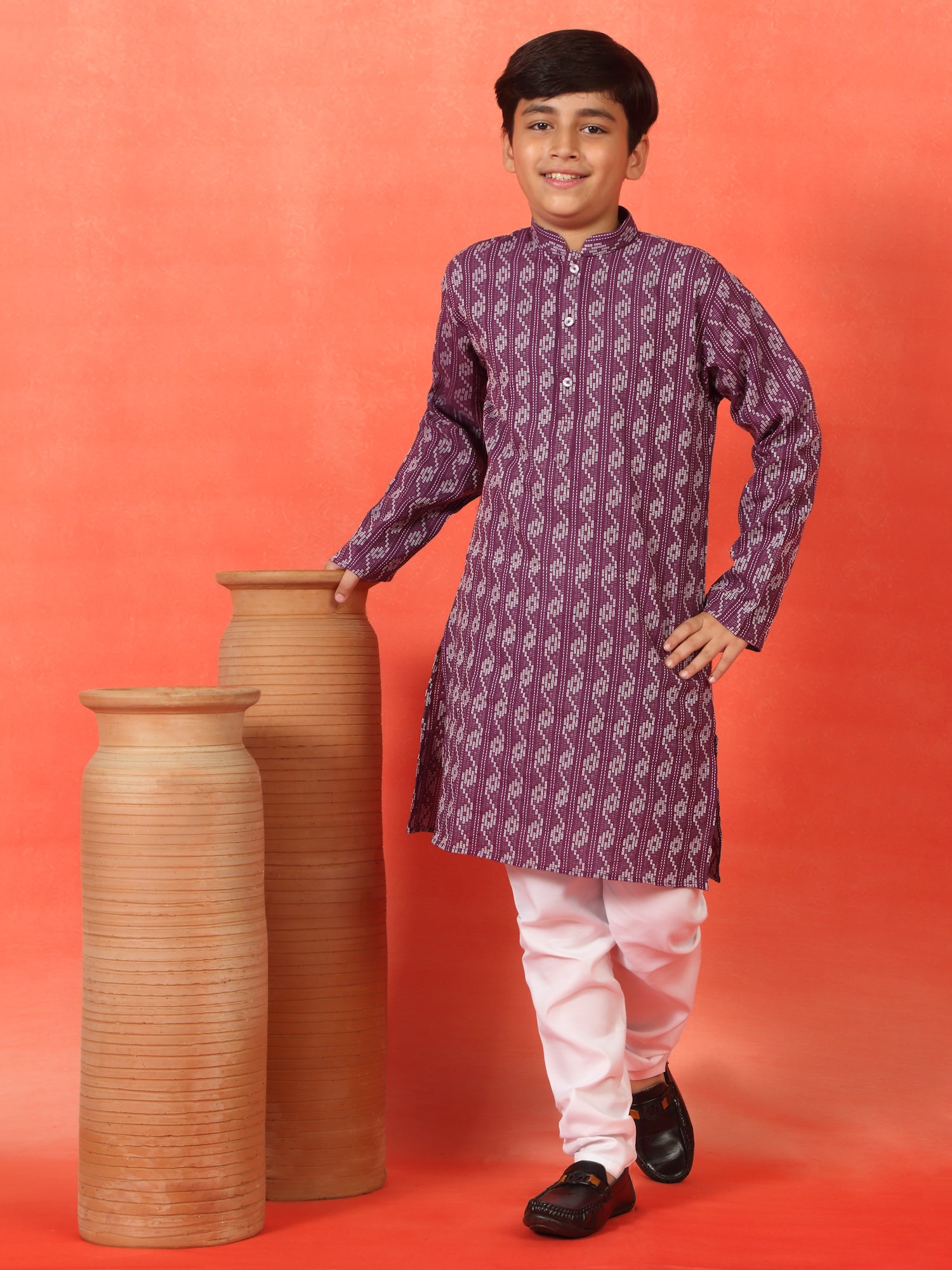 Kid's Cotton Woven Kantha Work Kurta with Mandarin Collar