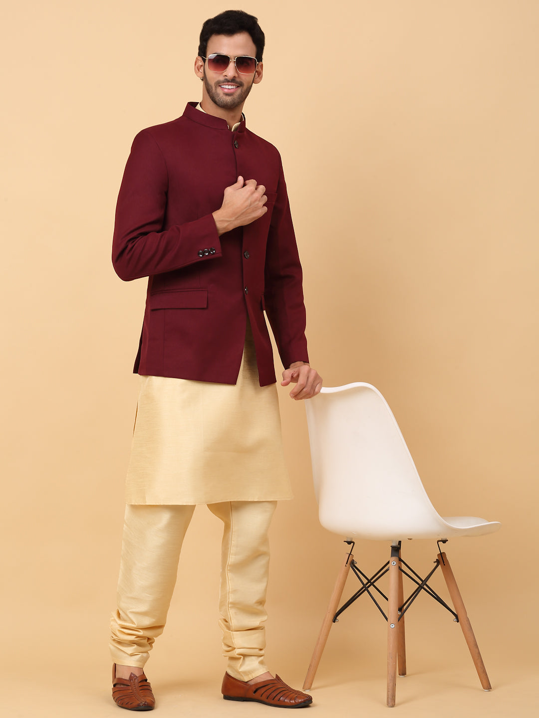 KRAFT INDIA Men's Silk Beige Kurta Churidar With Solid Twill Bandhgala Suit/Coat