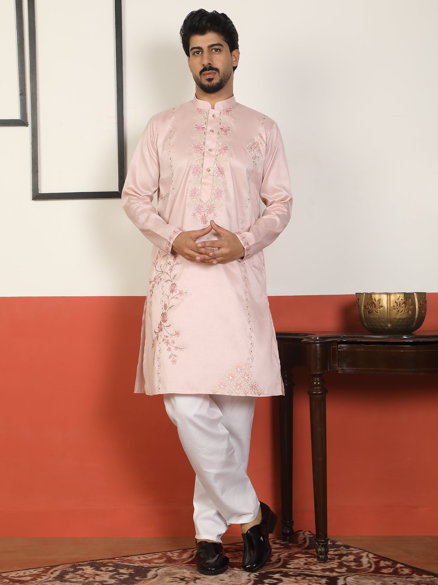 Men's Cotton Silk Embroidered Floral Yoke Long Kurta with Mandarin Collar