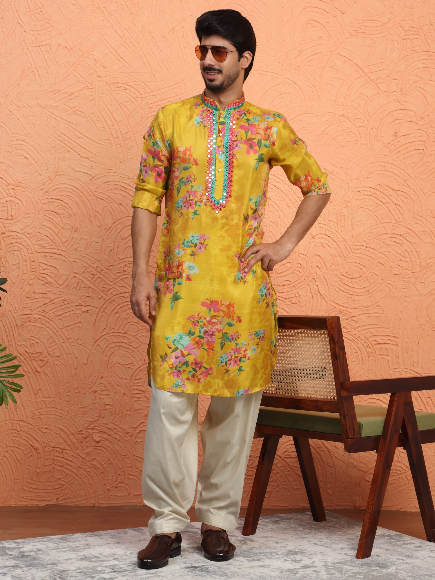 LUXE-Men's Silk Yoke Design Floral Mirror Work Kurta Salwar set
