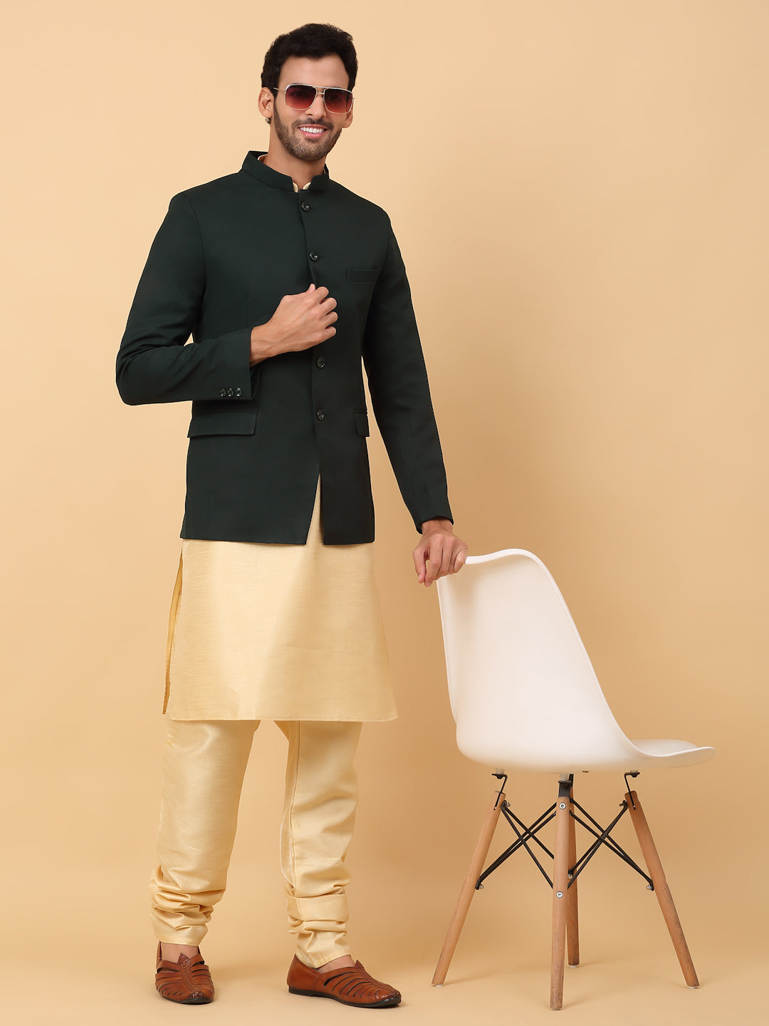 KRAFT INDIA Men's Silk Beige Kurta Churidar With Solid Twill Bandhgala Suit/Coat