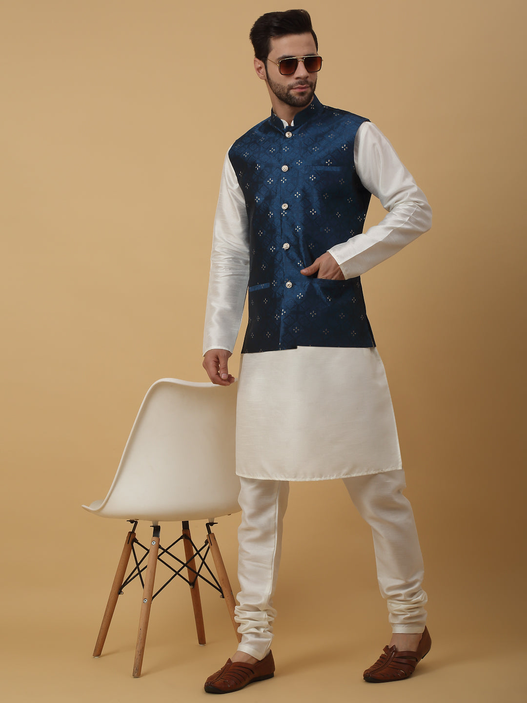 KRAFT INDIA Men's Silk Blend Cream Kurta, Churidar with Jacquard Silk Blend Floral Nehru Jacket Set