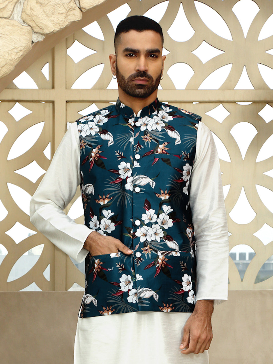 Silk Blend Floral Print Sleeveless Nehru Jacket
