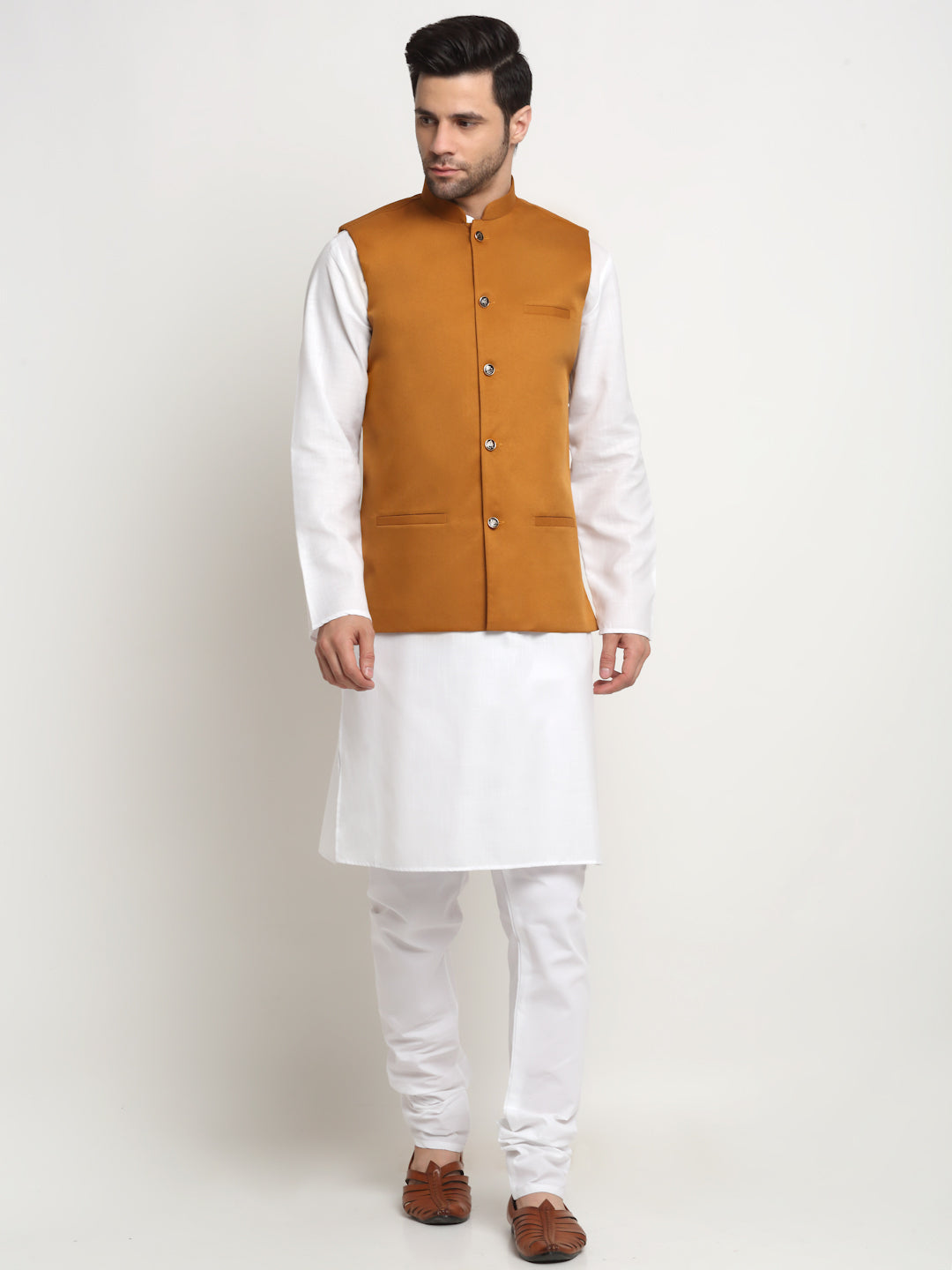 KRAFT INDIA Men's Cotton Solid White Kurta Churidar with Twill Nehru Jacket Set