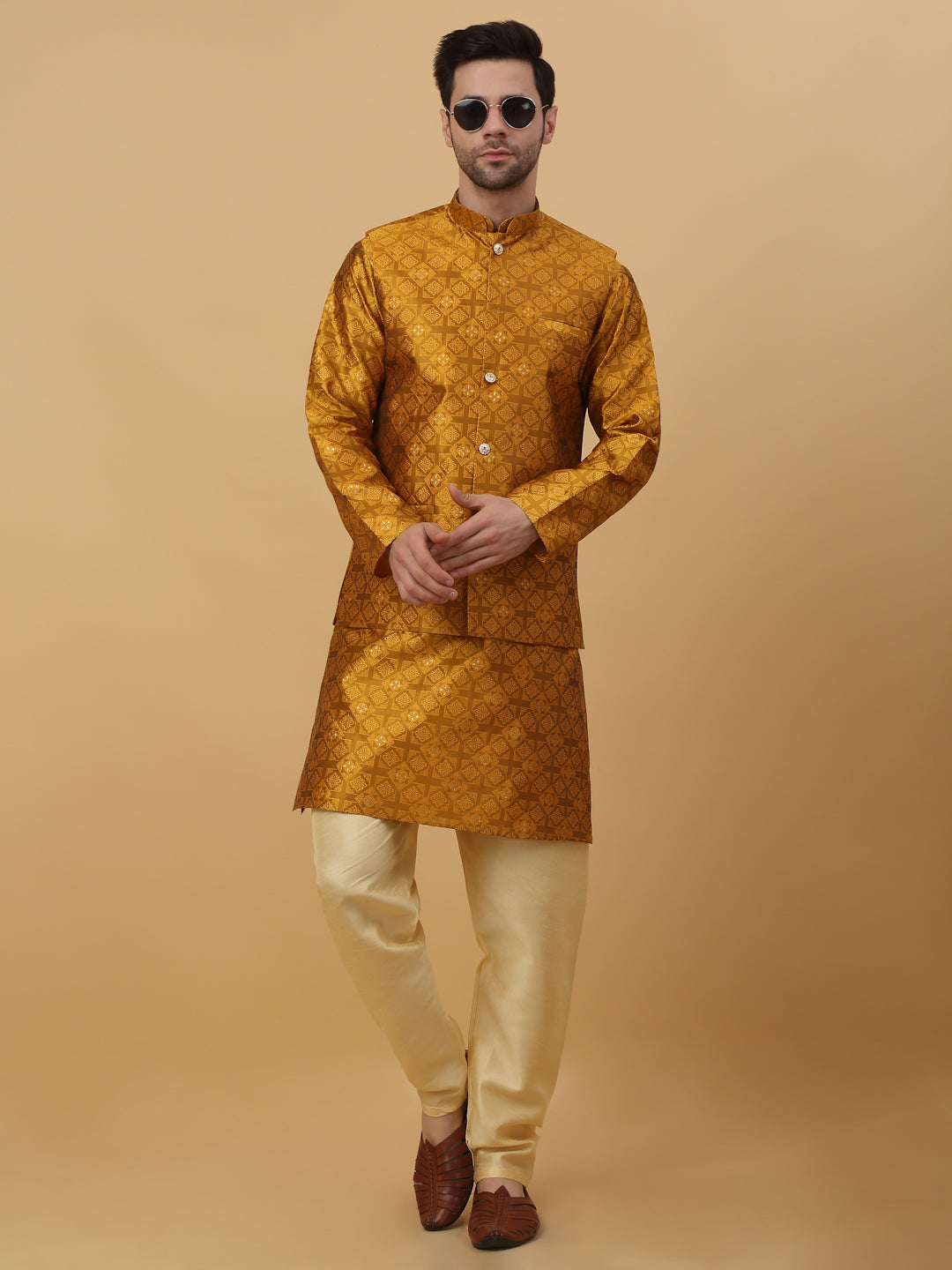 KRAFT INDIA Men's Silk Blend Jacquard Floral Sequenced Kurta and Beige Churidar with Silk Blend Jacquard Floral Nehru Jacket Set