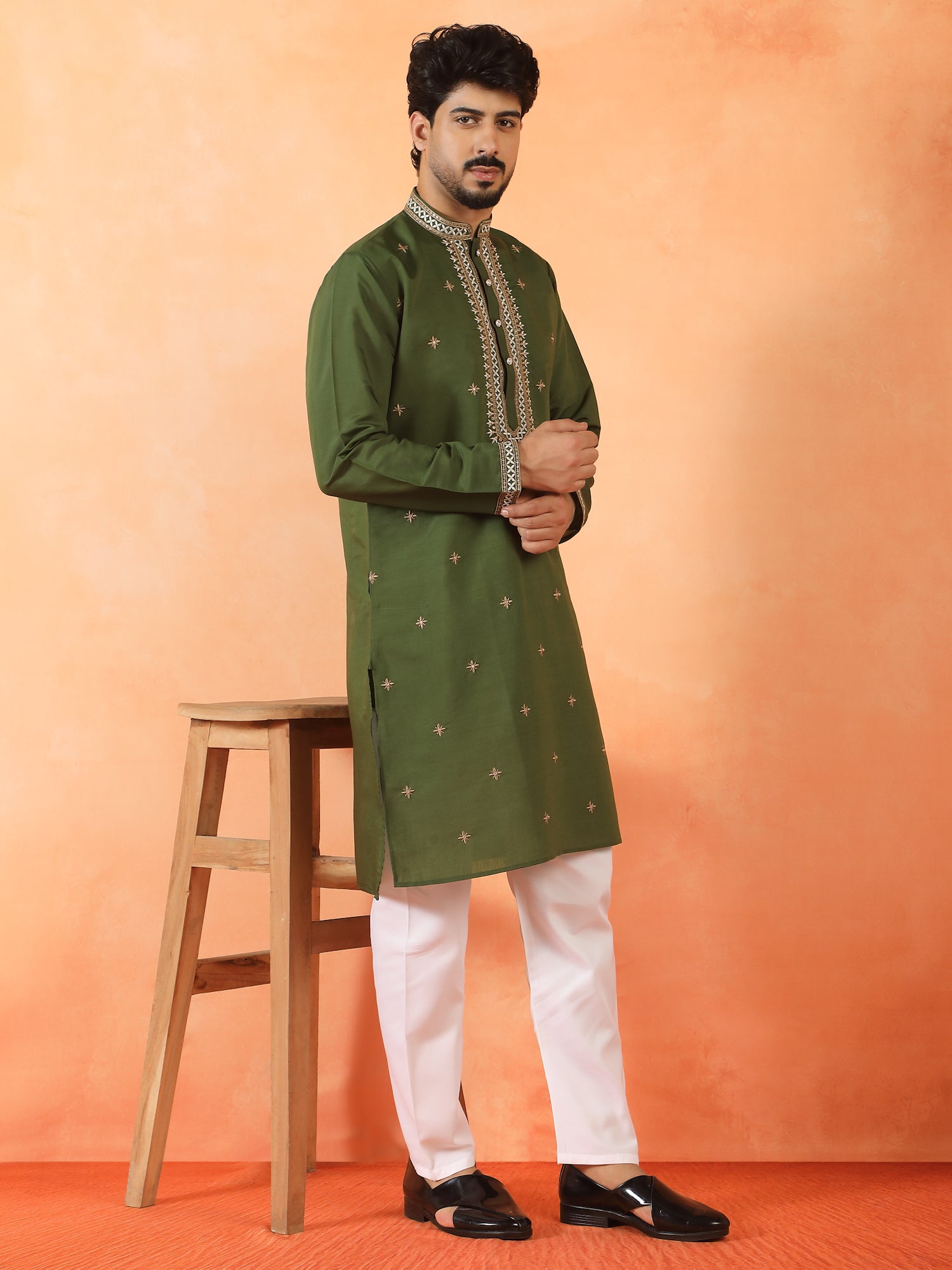Men's Sequenced Embroidered Designed Cotton Silk Straight Long Kurta