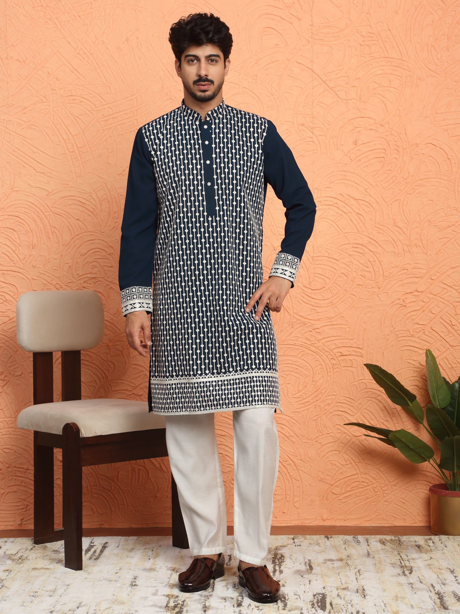 LUXE-Men's Georgette Sequins Thread Work Embroidered Kurta Trouser Pant Set