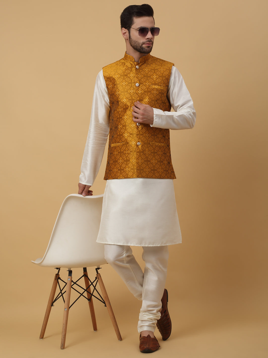 KRAFT INDIA Men's Silk Blend Cream Kurta, Churidar with Jacquard Silk Blend Floral Nehru Jacket Set