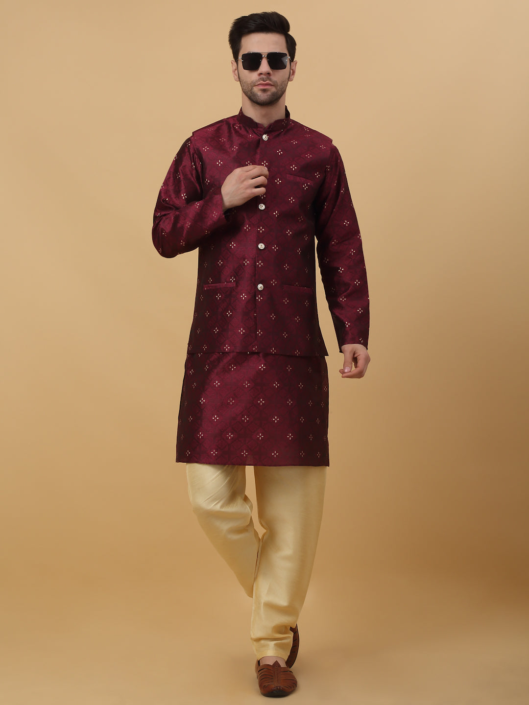 KRAFT INDIA Men's Silk Blend Jacquard Floral Sequenced Kurta and Beige Churidar with Silk Blend Jacquard Floral Nehru Jacket Set