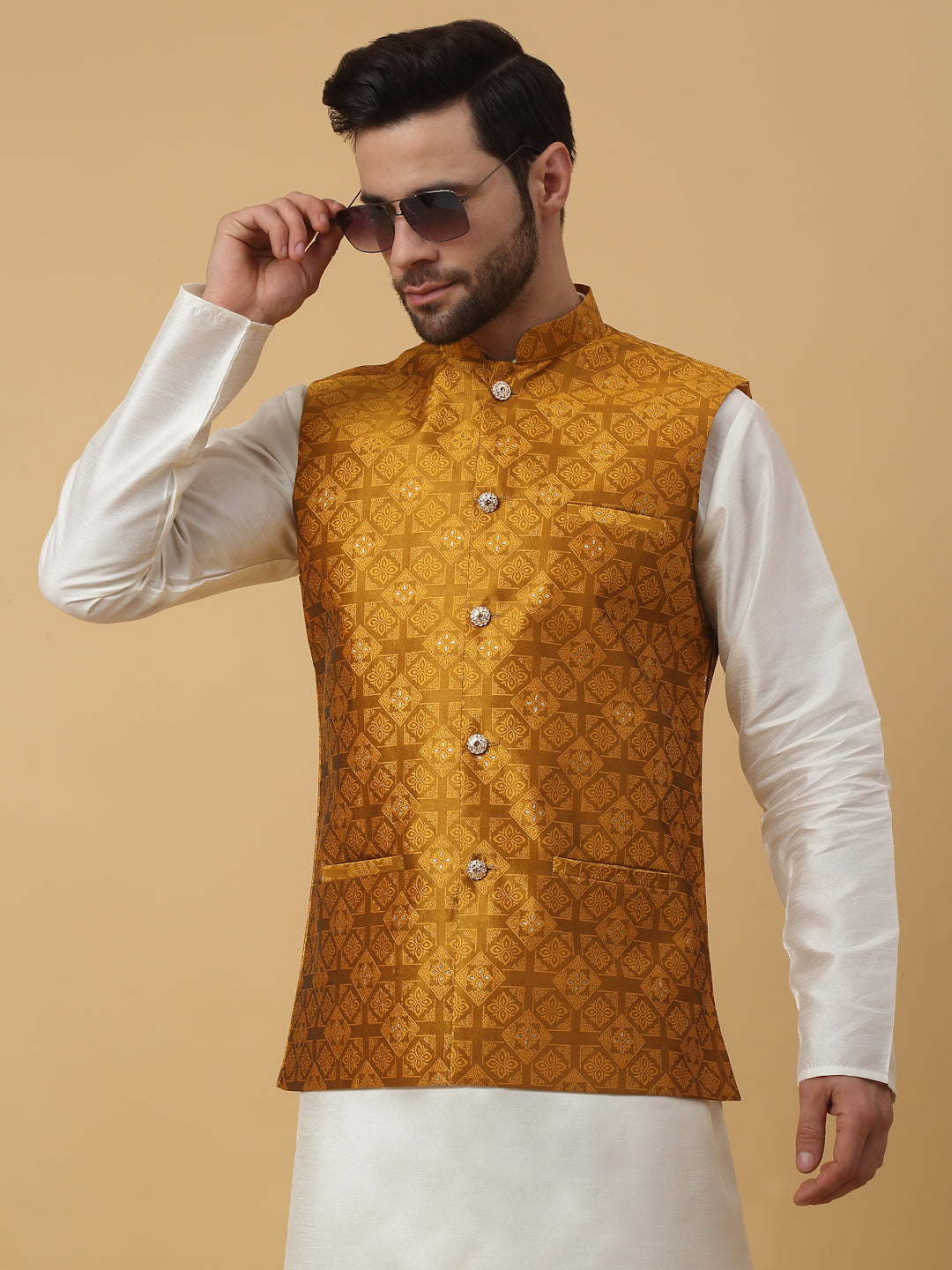 KRAFT INDIA Men's Silk Blend Jacquard Sleeveless Sequenced Nehru Jacket
