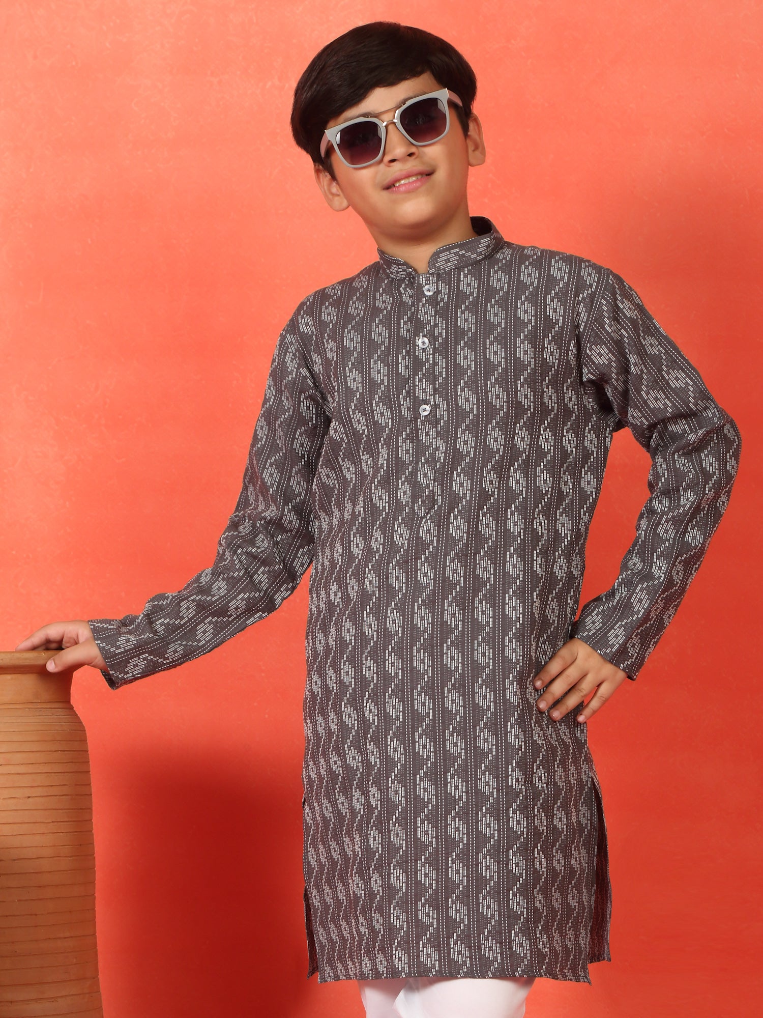 Kid's Cotton Woven Kantha Work Kurta with Mandarin Collar