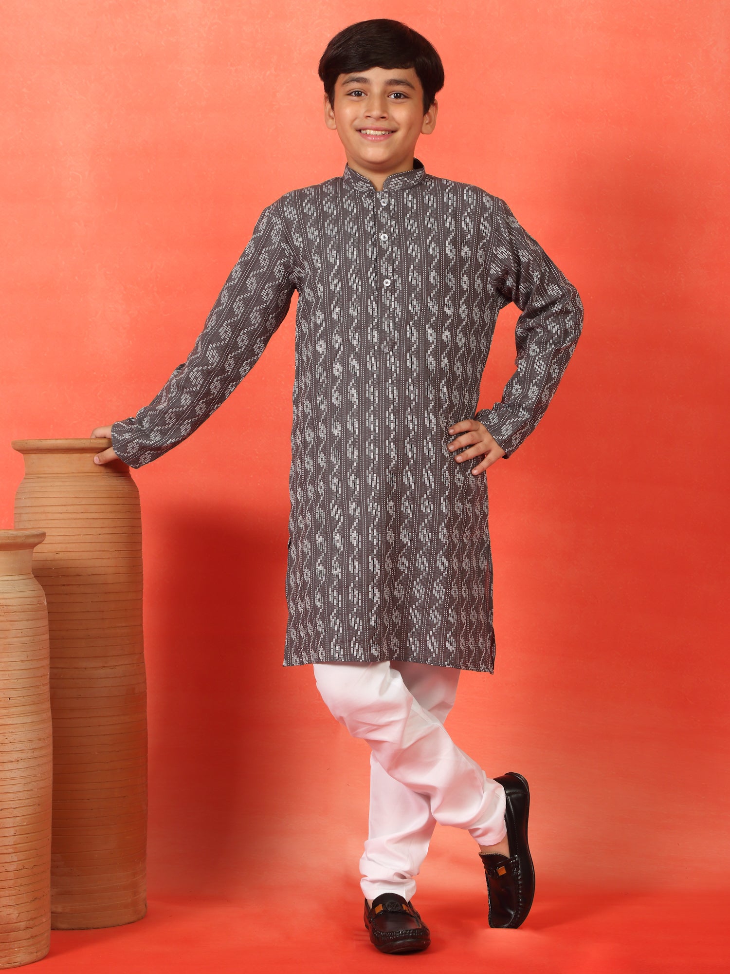 Kid's Cotton Woven Kantha Work Kurta Pyjama Set with Mandarin Collar