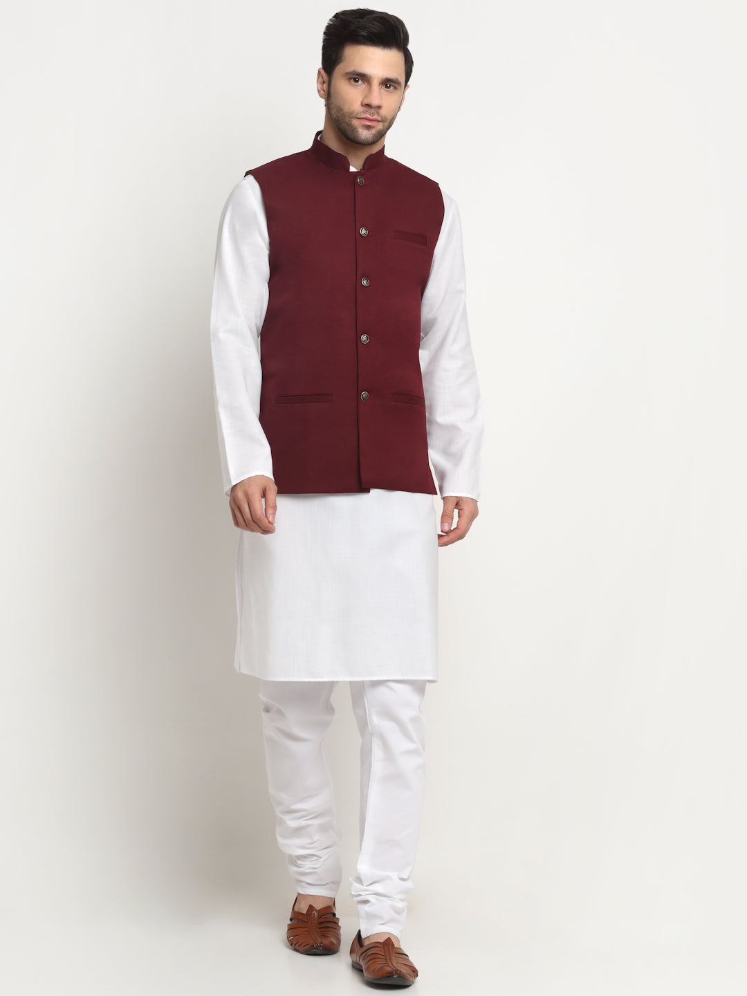 KRAFT INDIA Men's Cotton Solid White Kurta Churidar with Twill Nehru Jacket Set