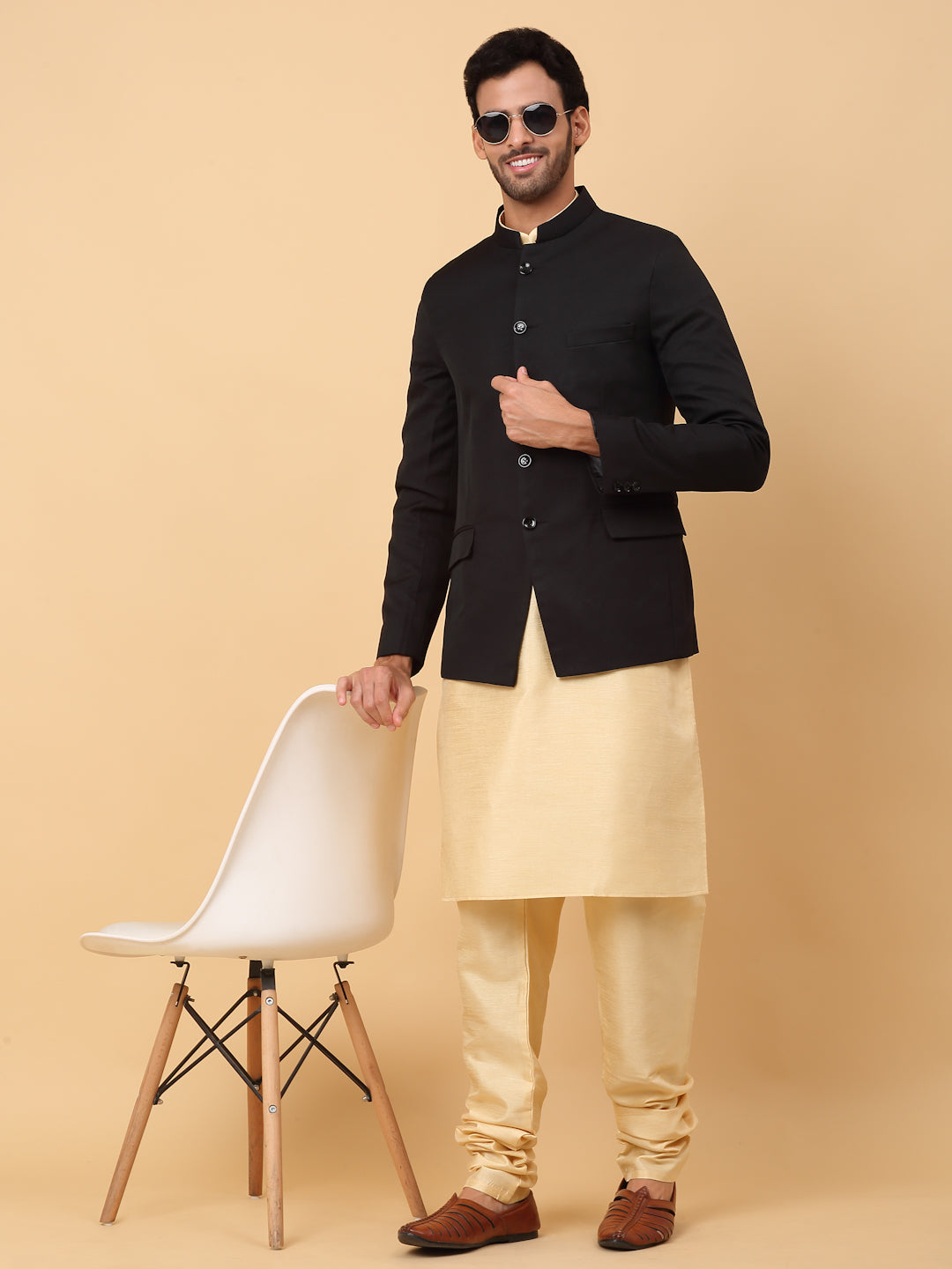 KRAFT INDIA Men's Silk Beige Kurta Churidar With Solid Twill Bandhgala Suit/Coat