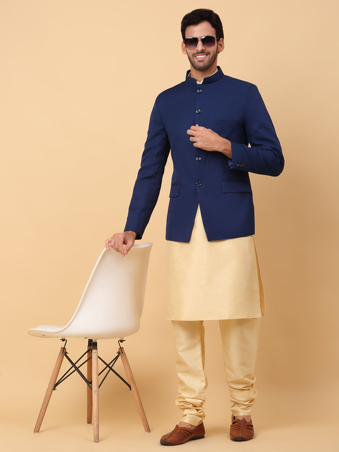 KRAFT INDIA Men's Silk Beige Kurta Churidar With Solid Twill Bandhgala Suit/Coat