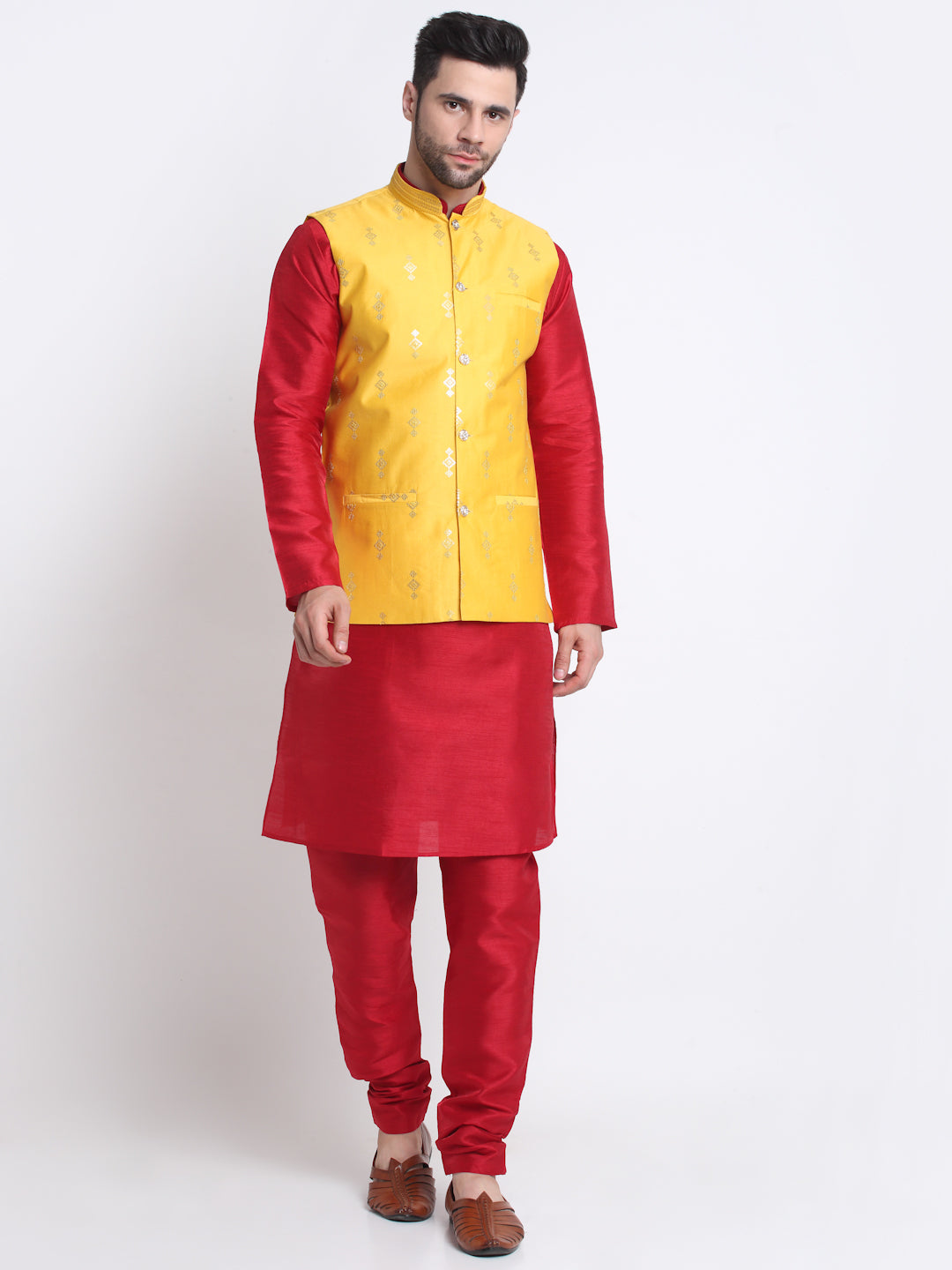 KRAFT INDIA Men Maroon Silk Kurta & Churidar With Sequenced Nehru Jacket