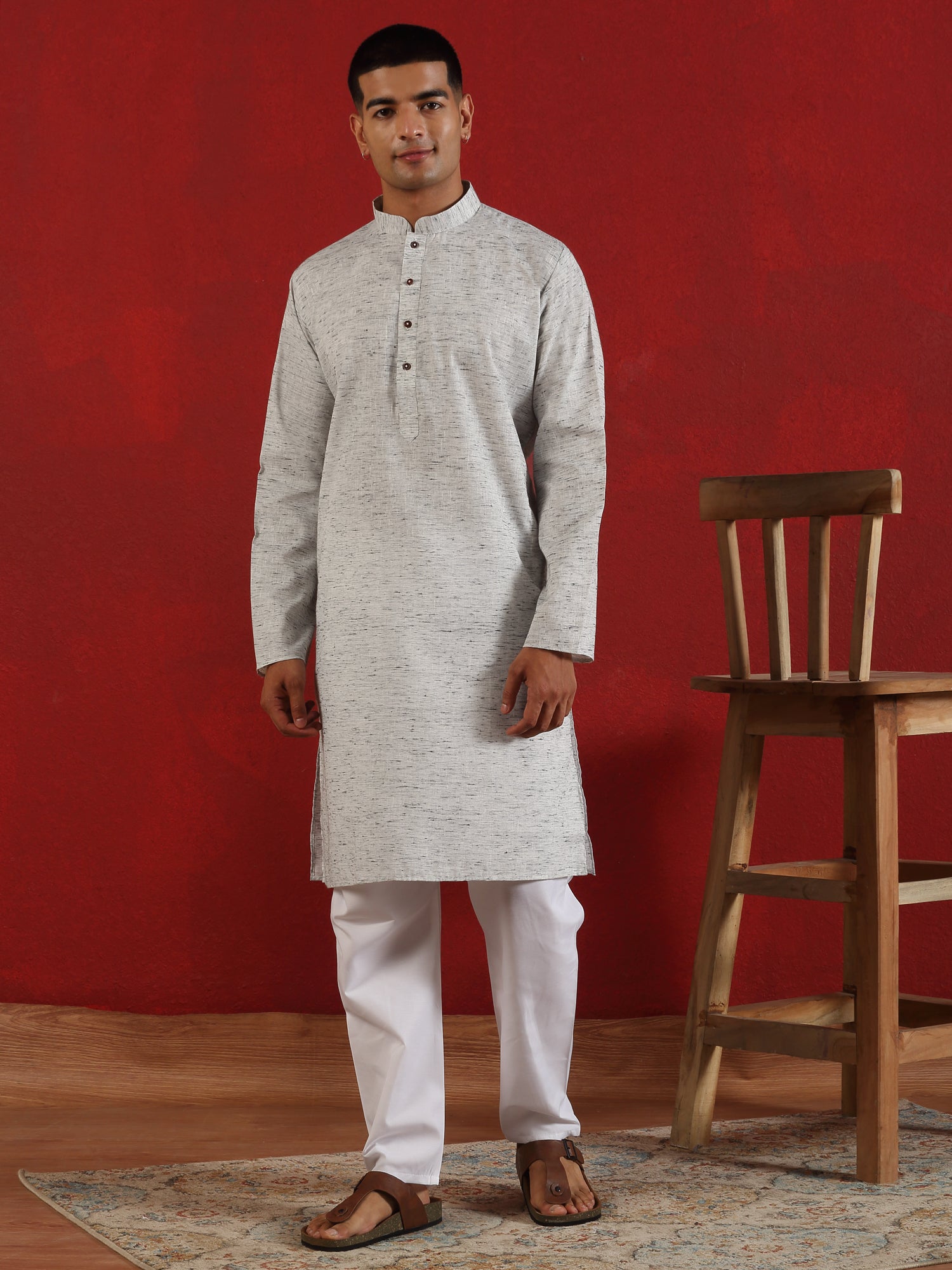 Men Textured Khadi Cotton Long Kurta & Pyjama Set