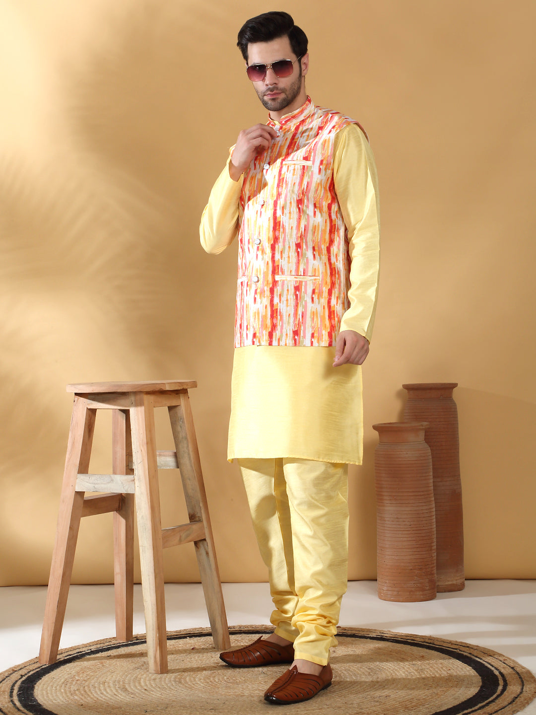 Silk Blend Solid Lime Yellow Kurta Churidar With Sleeveless tie-dye Nehru Jacket set