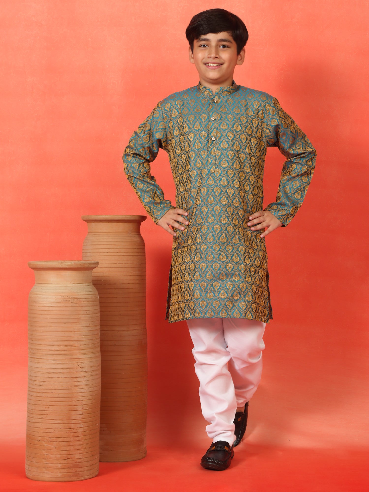Kid's Premium Jacquard Paisley Design Long Kurta