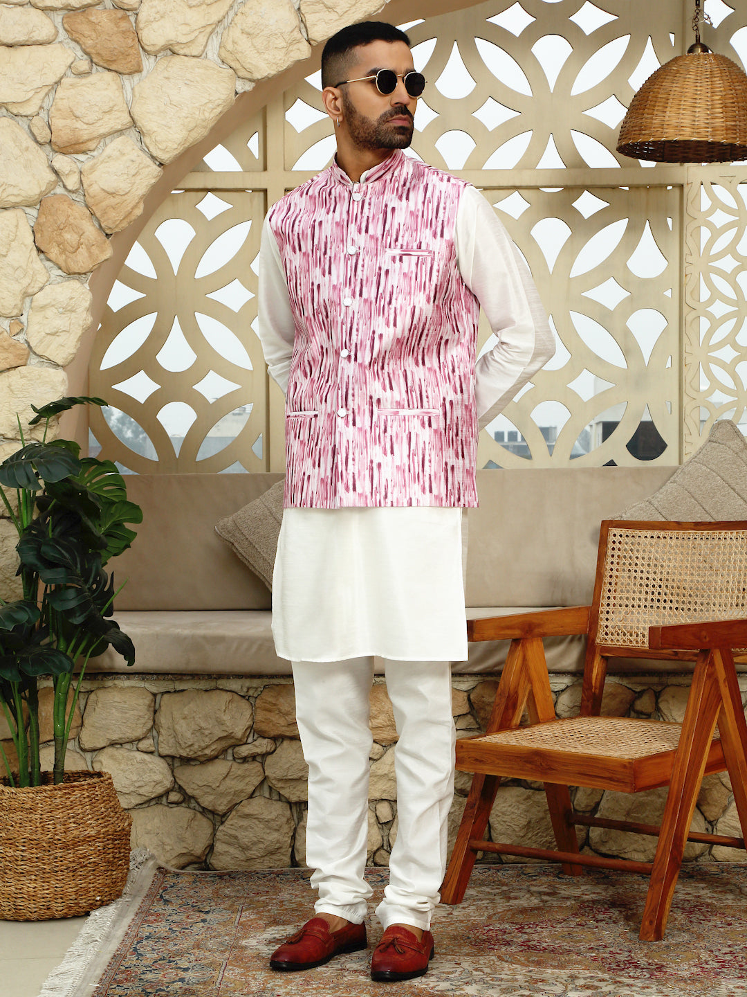 Silk Blend Solid Cream Kurta Churidar With Sleeveless tie-dye Nehru Jacket set
