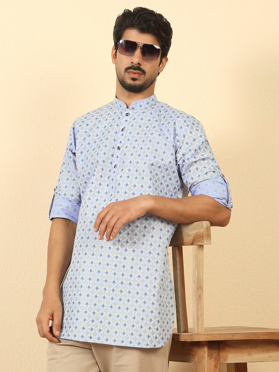 Foil Printed Roll-up Sleeves Short Kurta