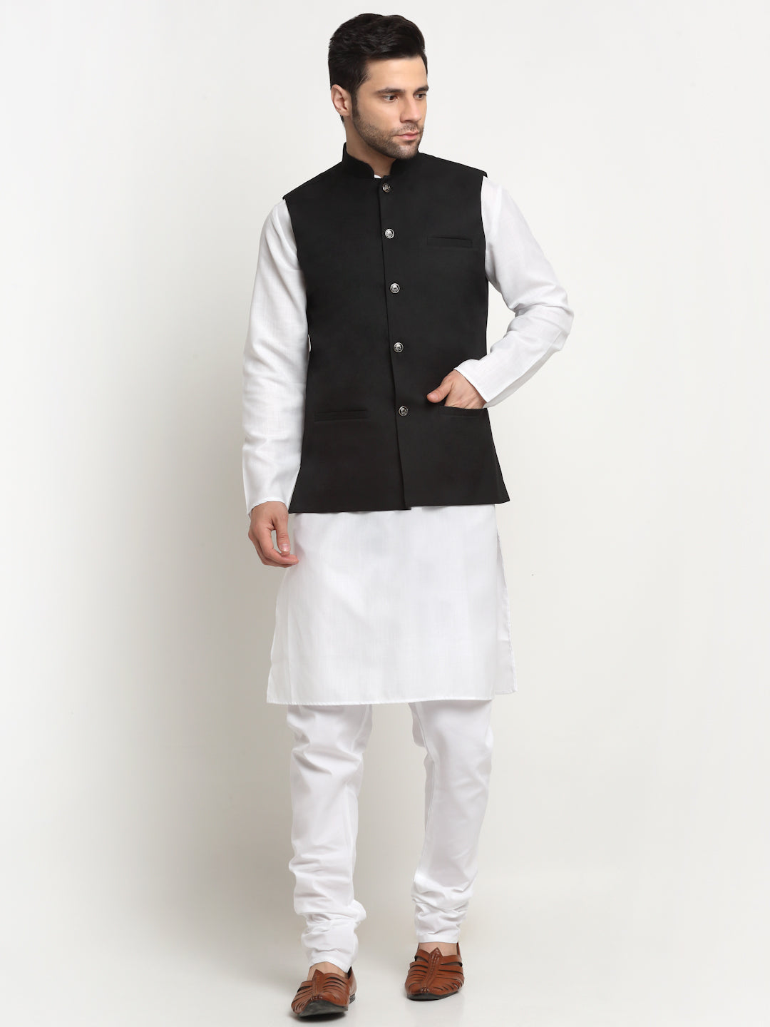 KRAFT INDIA Men's Cotton Solid White Kurta Churidar with Twill Nehru Jacket Set