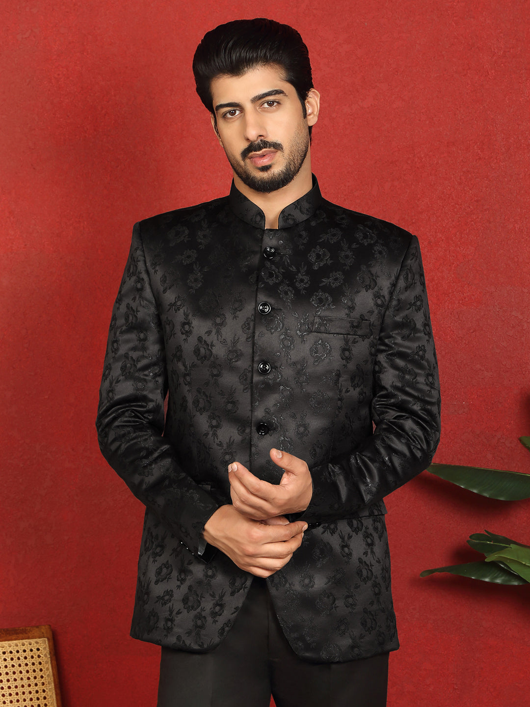 Jacquard Floral Self-Design Bandhgala Western Party 1 Piece Coat