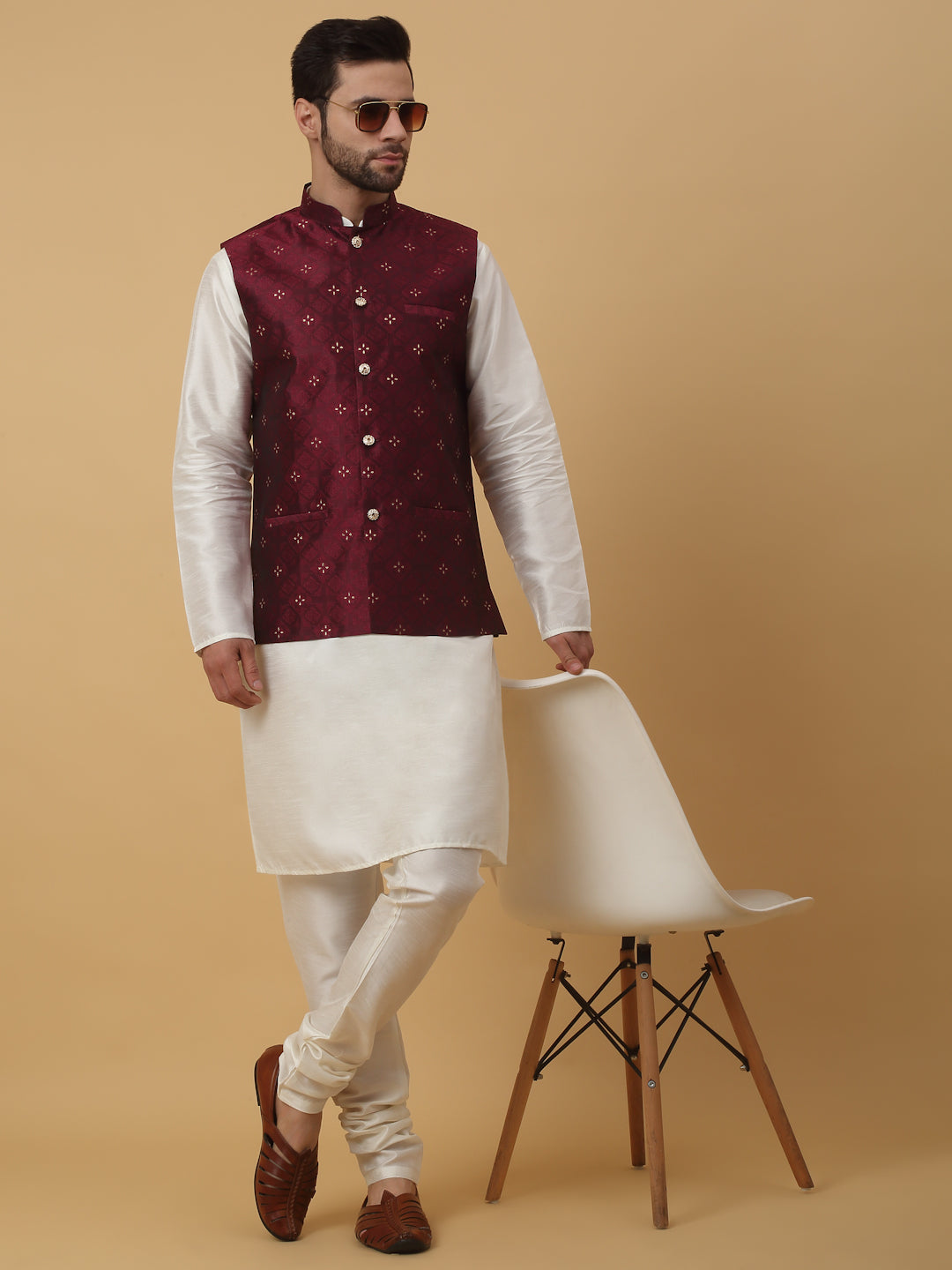 KRAFT INDIA Men's Silk Blend Cream Kurta, Churidar with Jacquard Silk Blend Floral Nehru Jacket Set