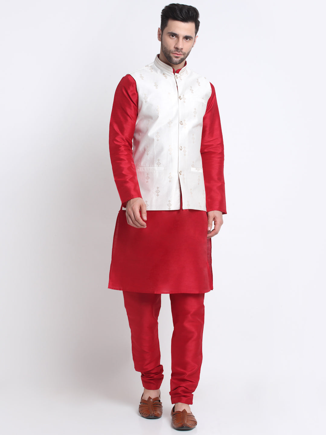 KRAFT INDIA Men Maroon Silk Kurta & Churidar With Sequenced Nehru Jacket