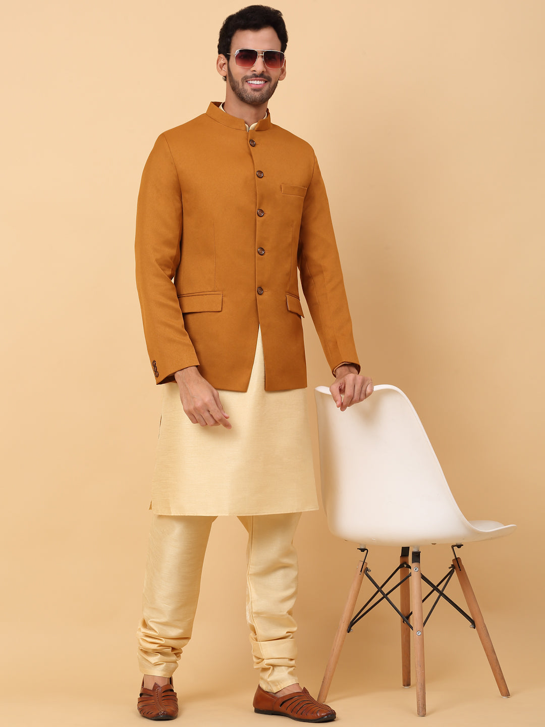 KRAFT INDIA Men's Silk Beige Kurta Churidar With Solid Twill Bandhgala Suit/Coat