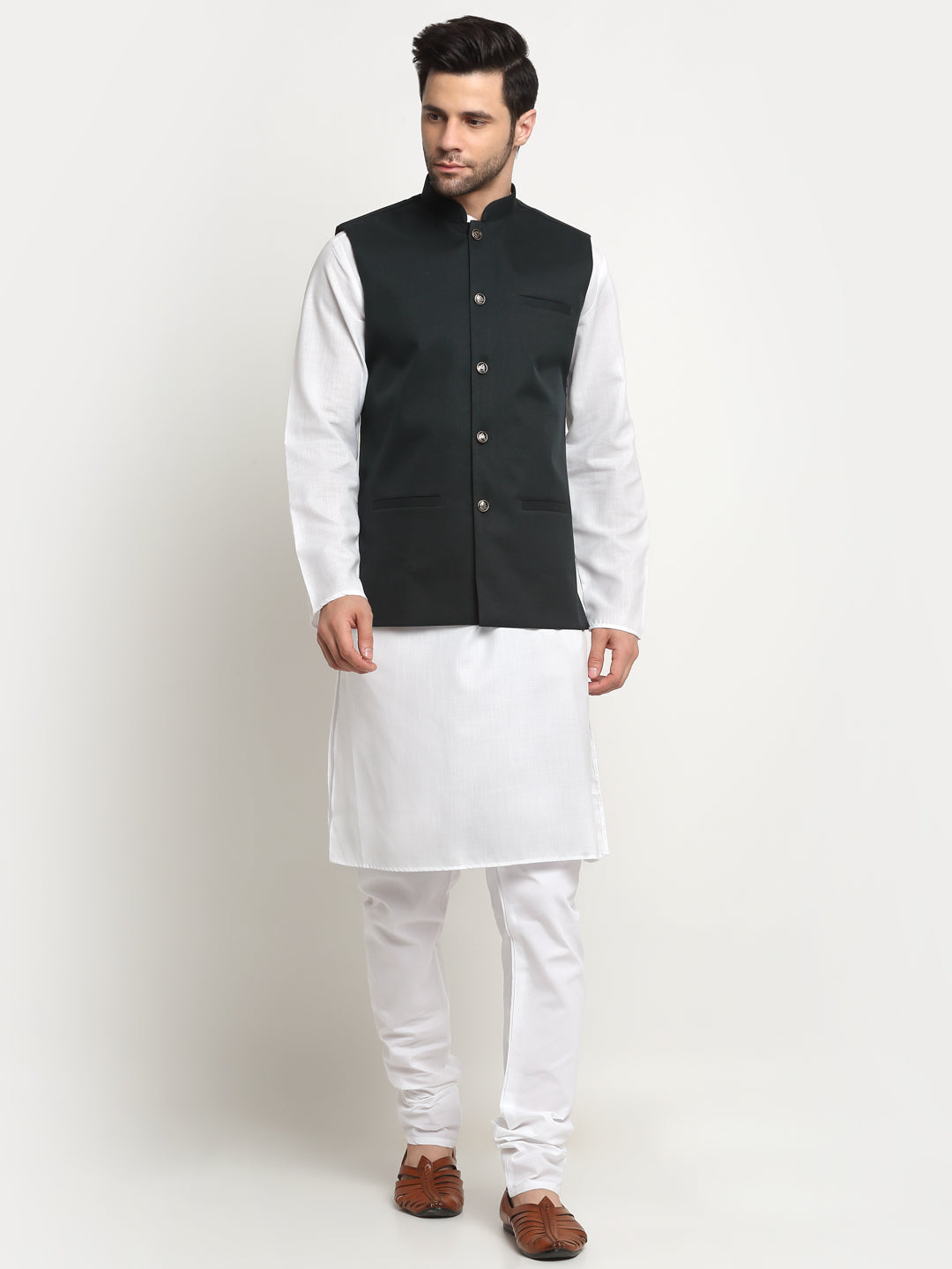 KRAFT INDIA Men's Cotton Solid White Kurta Churidar with Twill Nehru Jacket Set