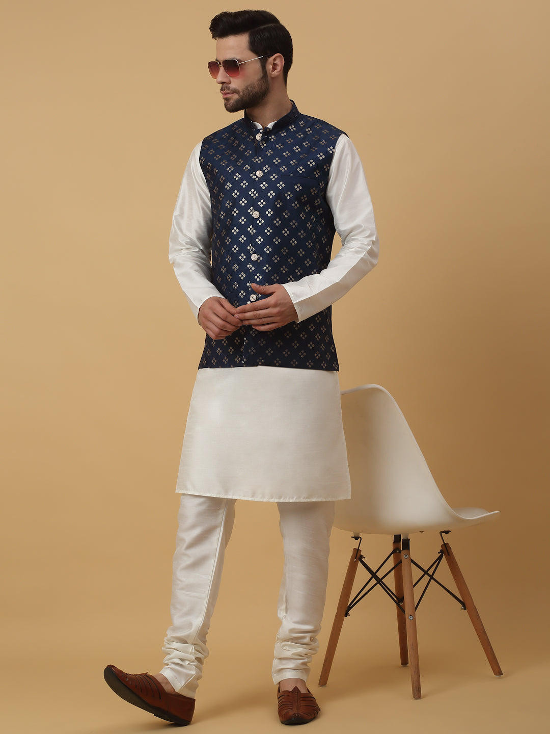 KRAFT INDIA Men's Silk Blend Cream Kurta, Churidar with Cotton Silk Embroided Sequenced Nehru Jacket Set