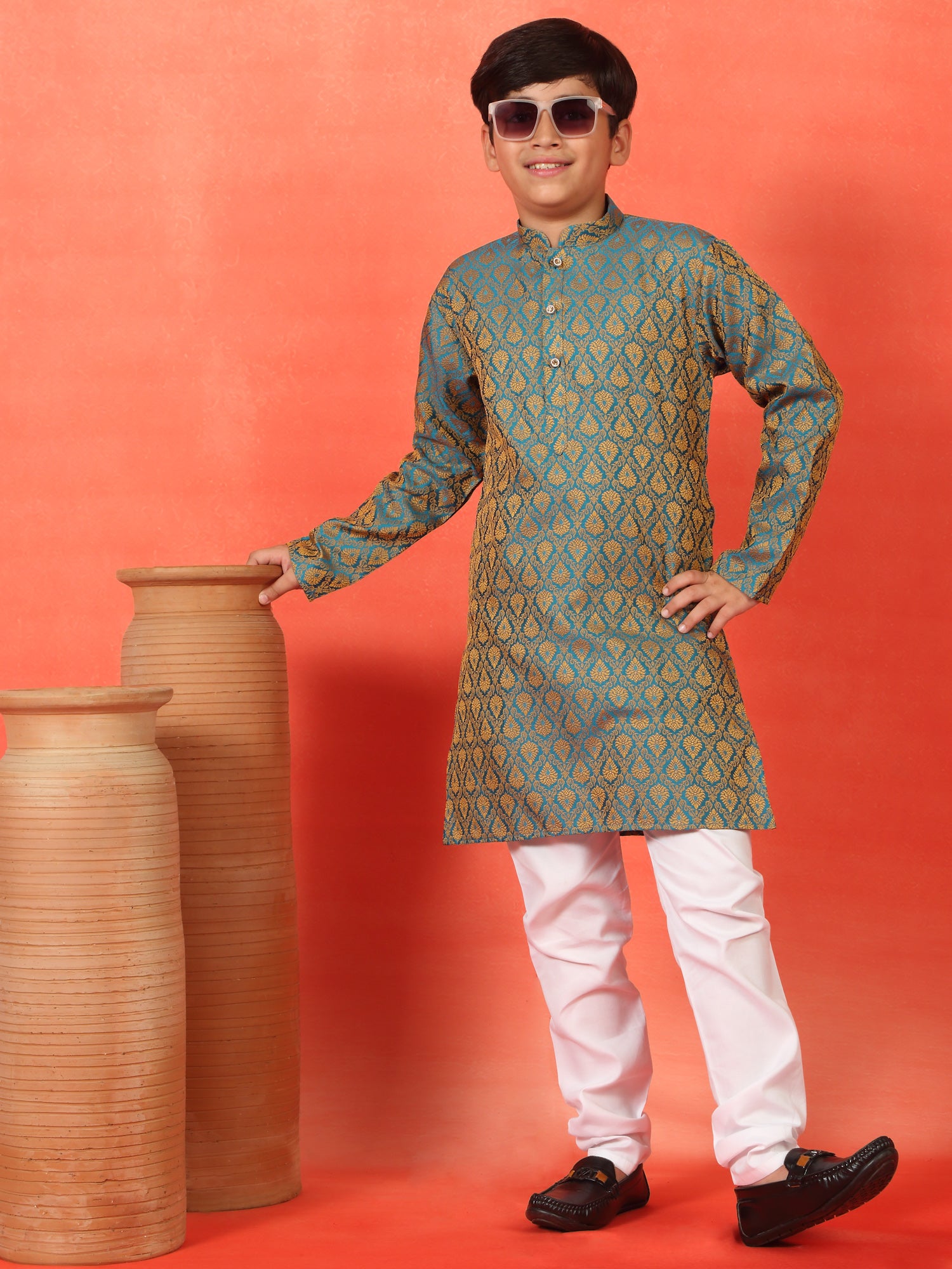 Kid's Premium Jacquard Paisley Design Long Kurta Pyjama Set