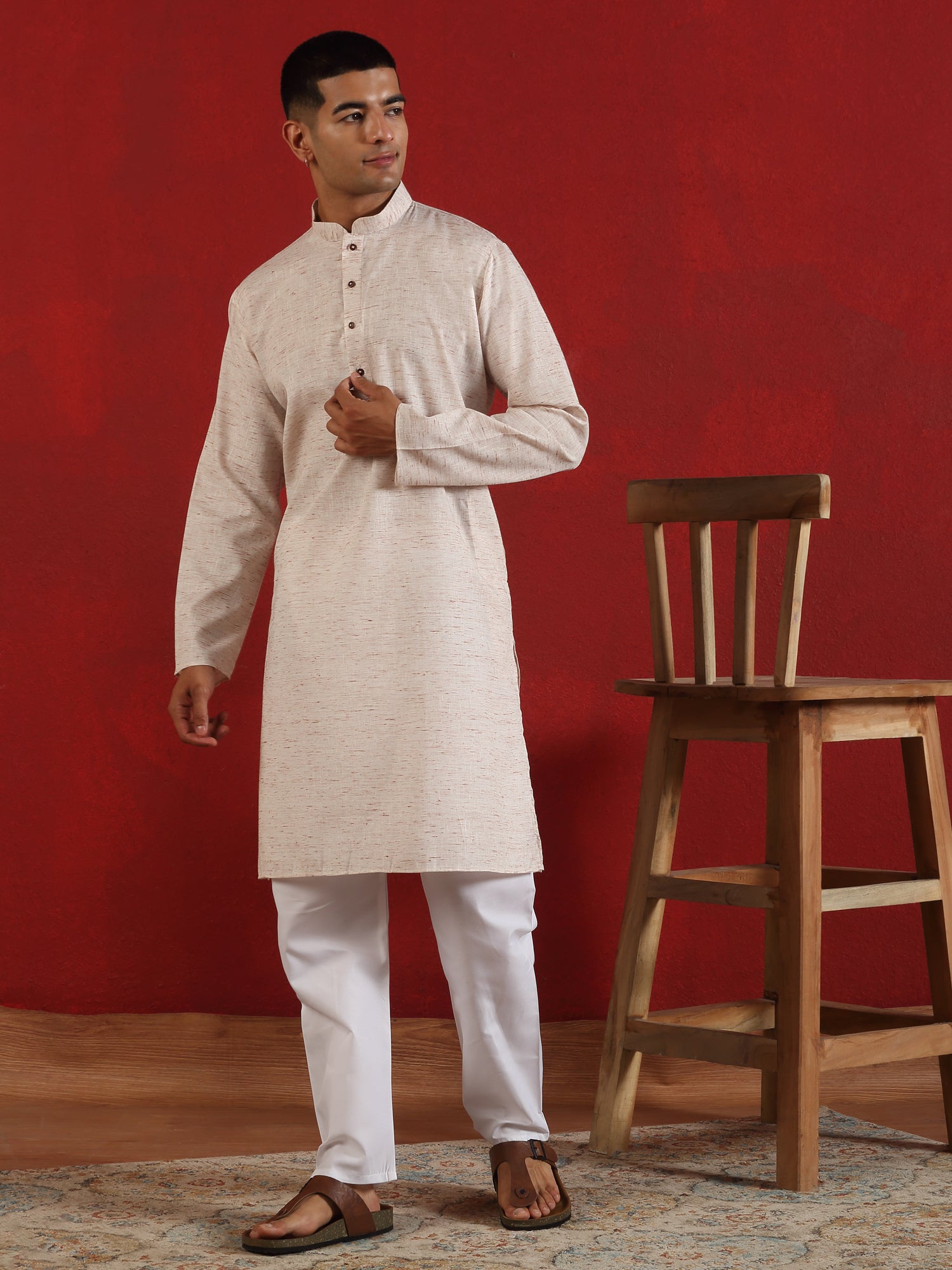 Men Textured Khadi Cotton Long Kurta & Pyjama Set
