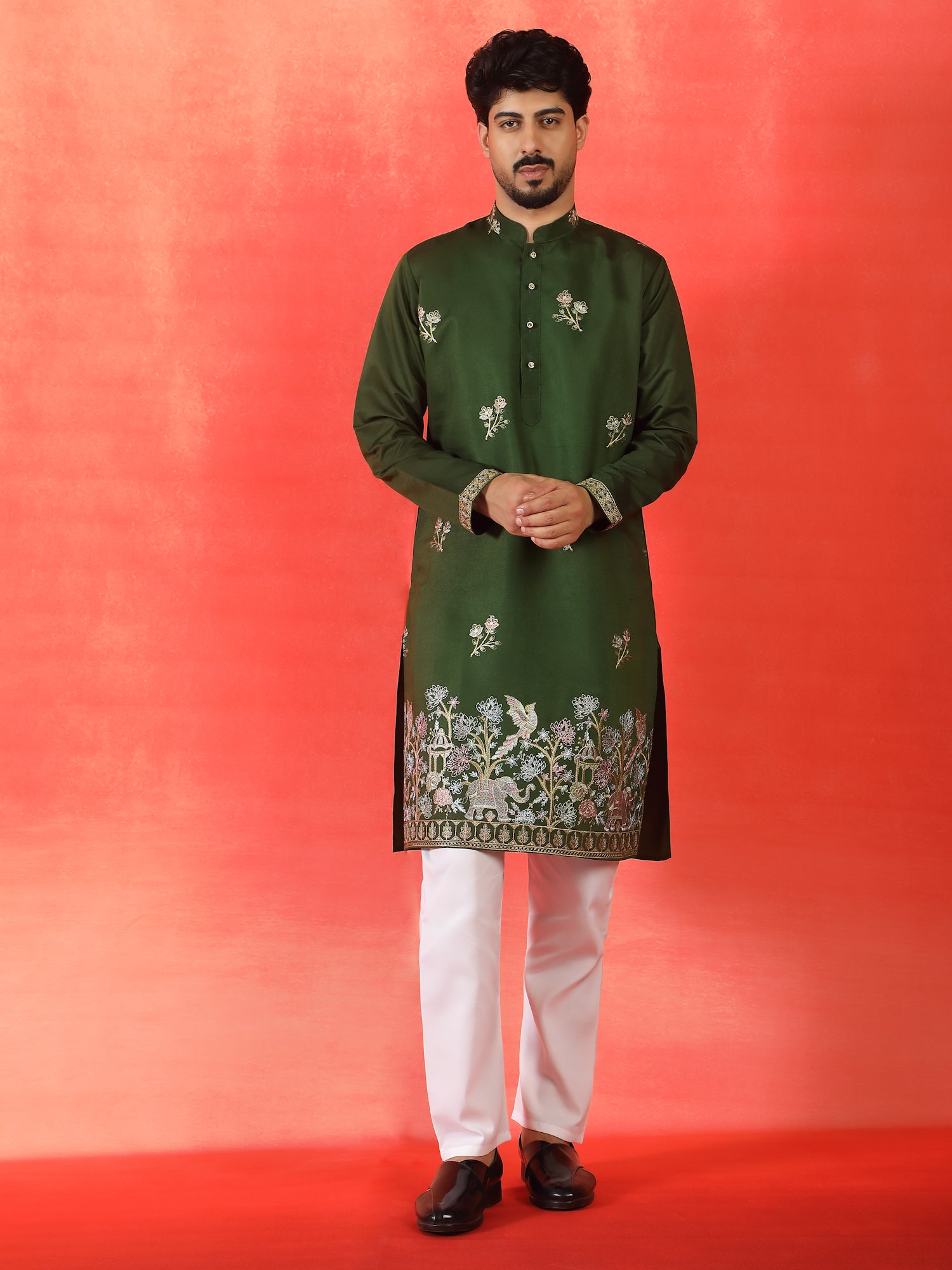 Men Embroidered Floral Designed Daman Work Cotton Silk Straight Long Kurta