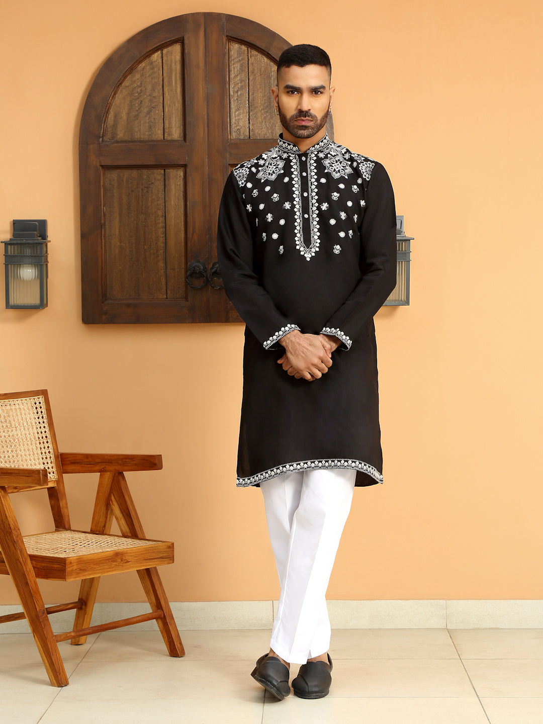 LUXE- Floral Heavy Embroidered Sequenced Kurta With White Trouser Pant