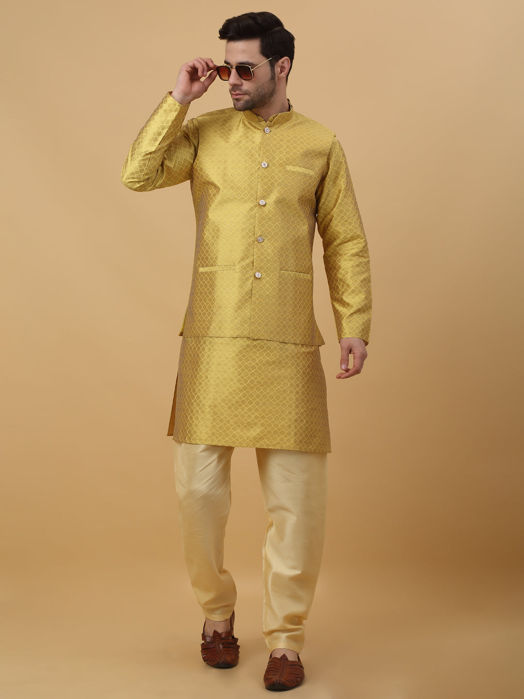 KRAFT INDIA Men's Silk Blend Jacquard Geometric Kurta and Beige Churidar with Silk Blend Jacquard Geometric Nehru Jacket Set