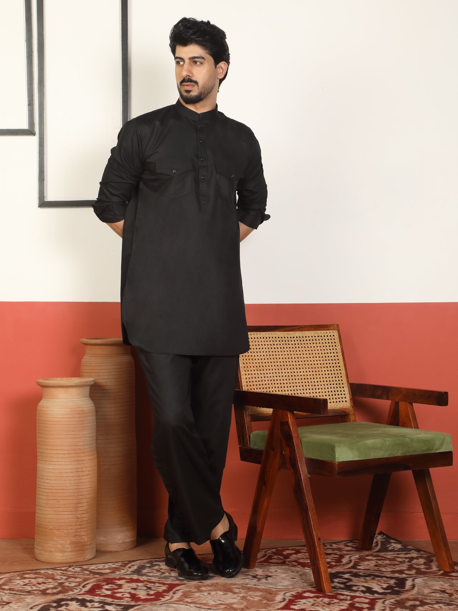 Mens White Regular Fit Pathani Kurta With Loose Fit Pyjama