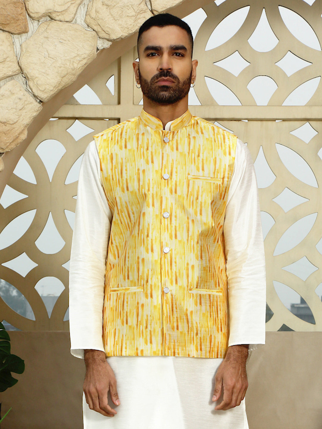 Silk Blend Printed Tie-Dye Sleeveless Nehru Jacket