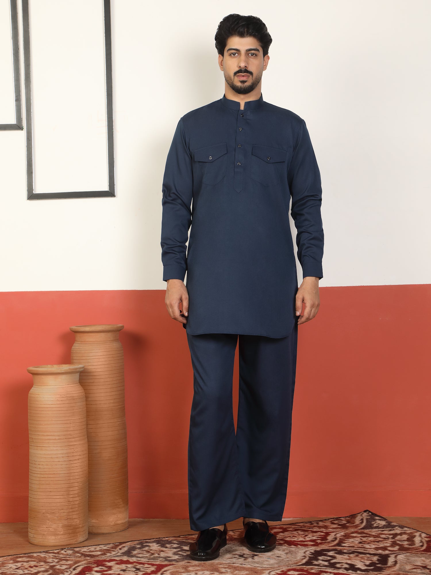 Mens White Regular Fit Pathani Kurta With Loose Fit Pyjama