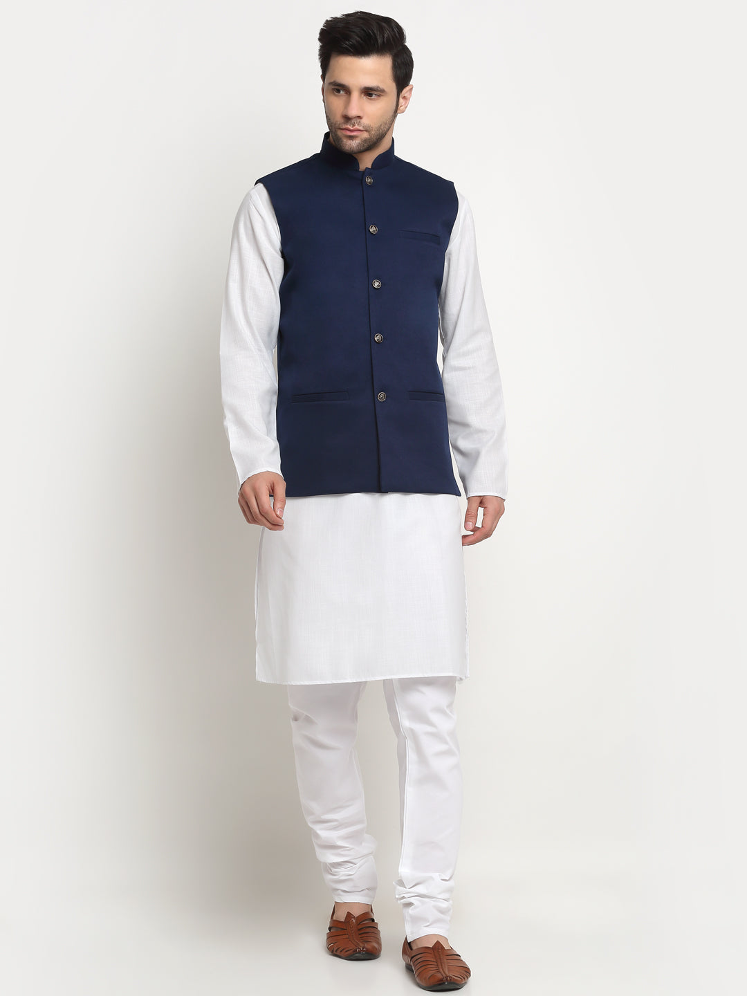KRAFT INDIA Men's Cotton Solid White Kurta Churidar with Twill Nehru Jacket Set