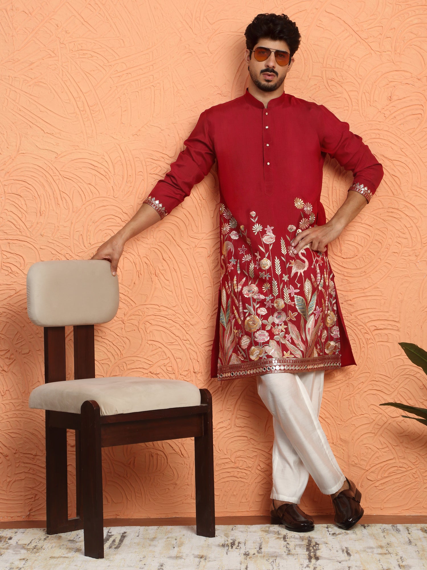 LUXE-Men's Cotton Silk Animal Floral Embroidered Mirror Work Kurta