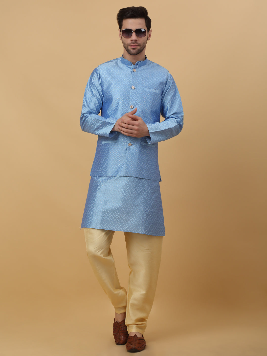 KRAFT INDIA Men's Silk Blend Jacquard Geometric Kurta and Beige Churidar with Silk Blend Jacquard Geometric Nehru Jacket Set