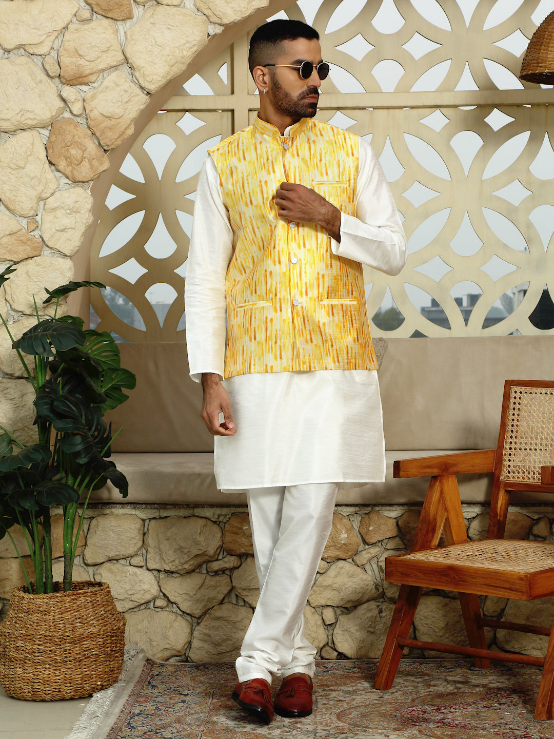 Silk Blend Solid Cream Kurta Churidar With Sleeveless tie-dye Nehru Jacket set
