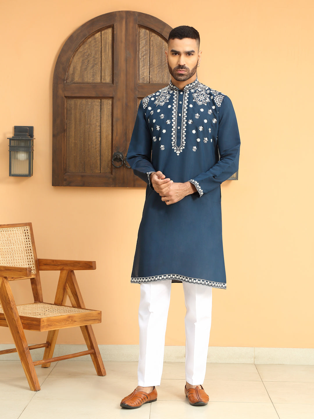 LUXE- Floral Heavy Embroidered Sequenced Kurta With White Trouser Pant