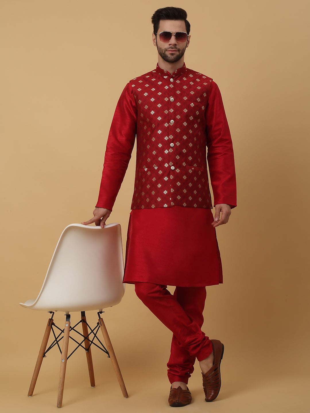 KRAFT INDIA Men's Silk Blend Maroon Kurta, Churidar with Jacquard Silk Blend Floral Print Nehru Jacket Set