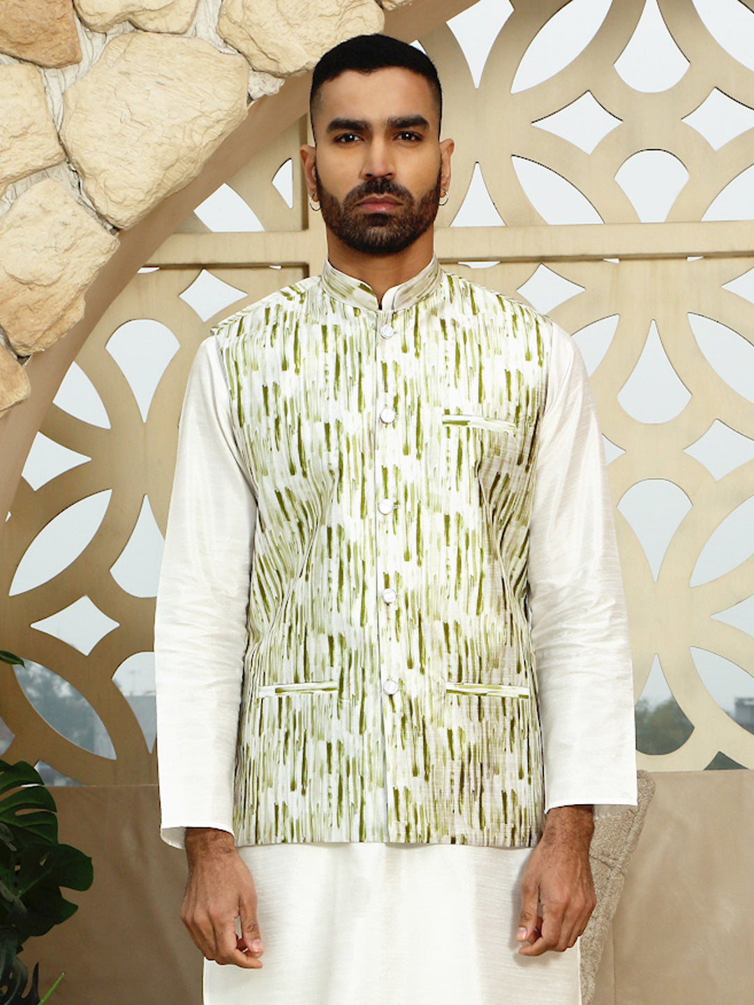Silk Blend Printed Tie-Dye Sleeveless Nehru Jacket
